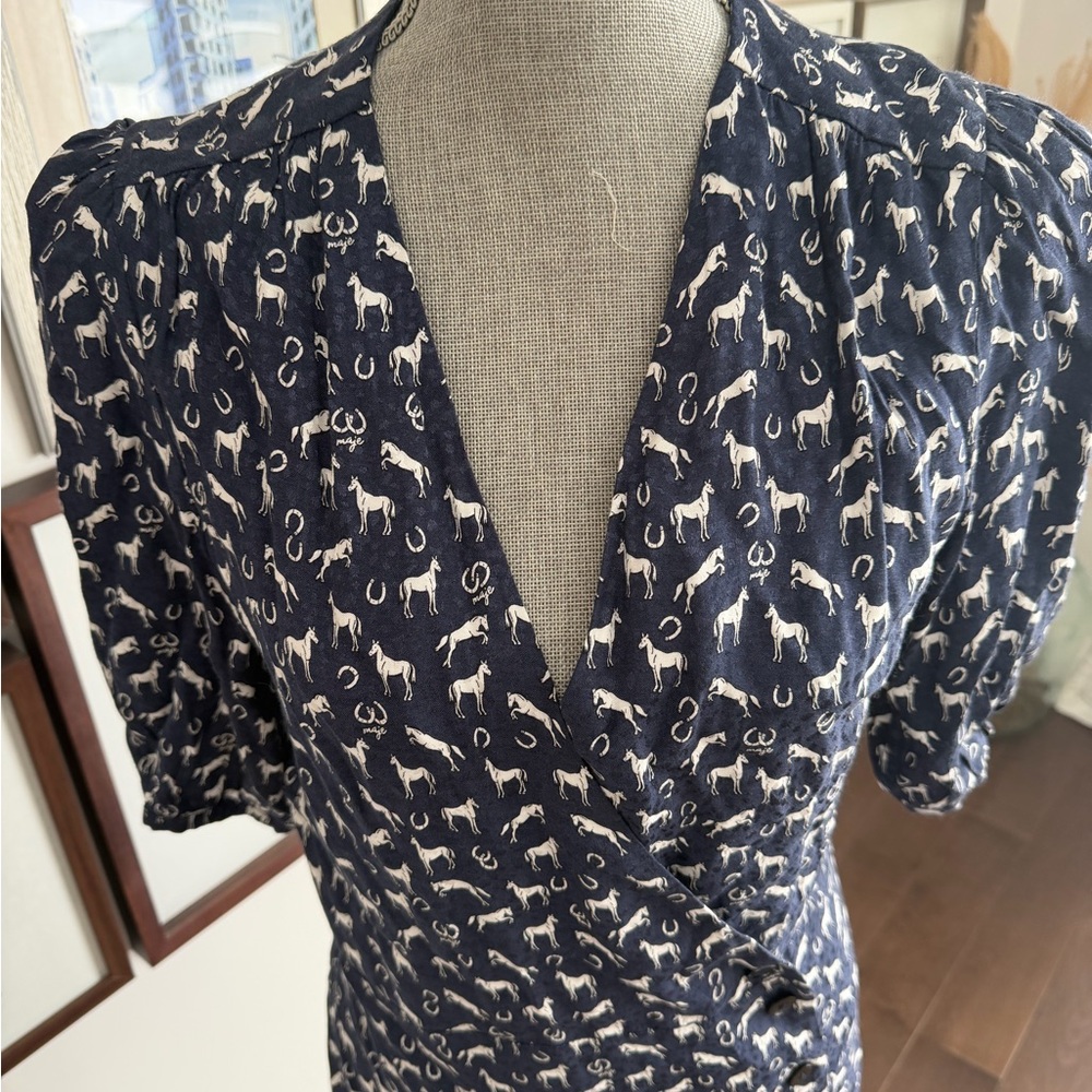Maje Dark Blue Dress with White Horse Pattern